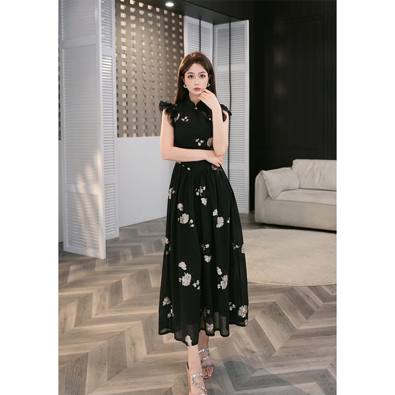 【lulu定制】新款旗袍中国风复古刺绣拼接高腰优雅黑色连衣裙21739