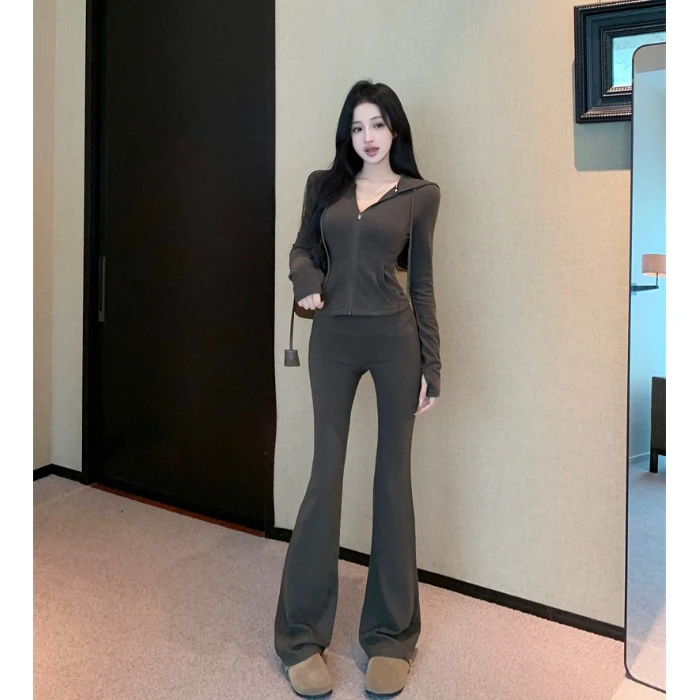 休闲运动套装修身气质连帽长袖拉链外套女秋季高腰微喇叭裤两件套