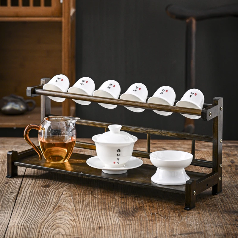 送博古置物收纳架办公羊脂玉陶瓷功夫茶具套装纯色轻奢玻璃公道杯