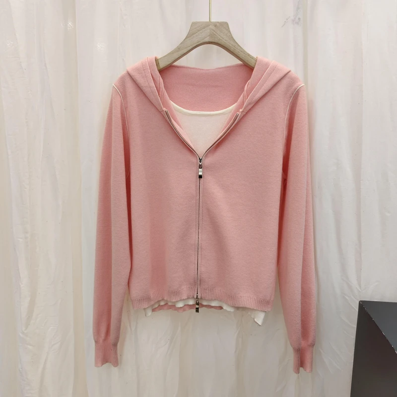 时尚连帽双拉链拼色休闲舒适针织衫春季新款假两件设计感长袖上衣