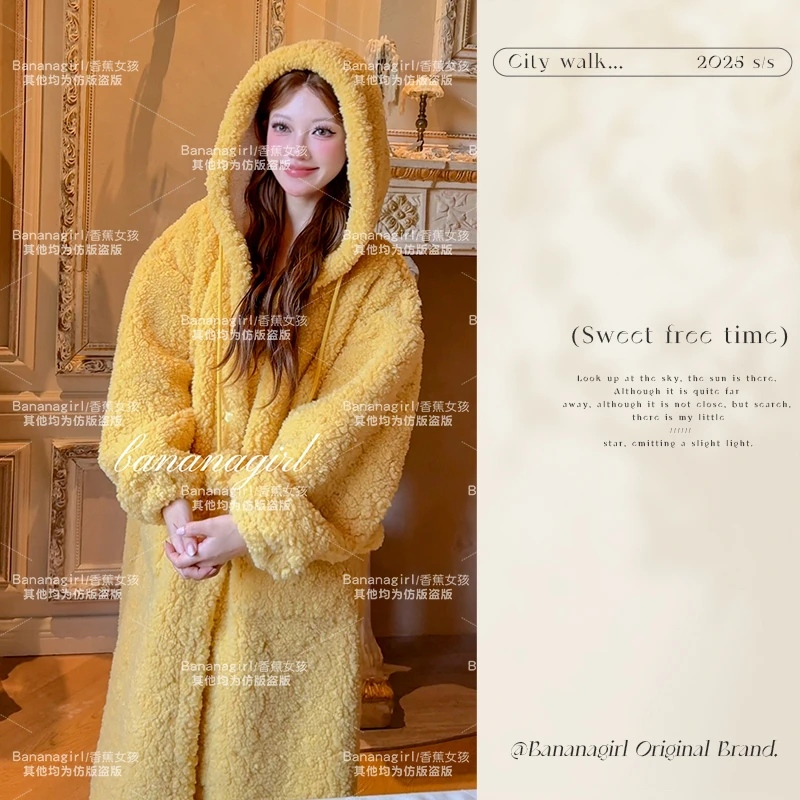 Bananagirl【姜糖暖意】睡衣女冬极寒羊羔绒毛连帽睡袍家居服可外穿