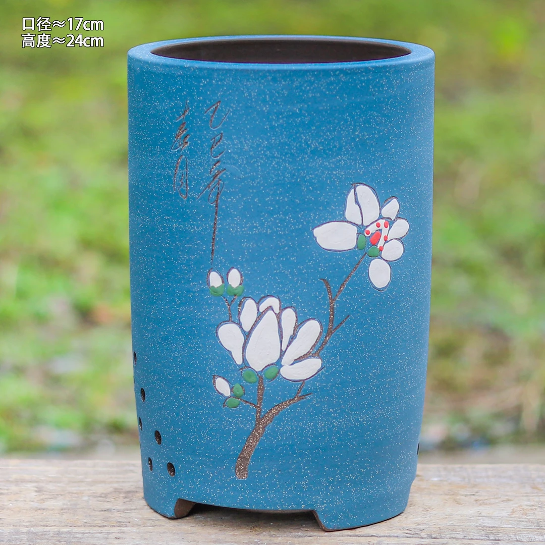 手工刻绘紫砂直筒有孔透气花盆多肉兰花老桩绿植室内外盆栽花盆