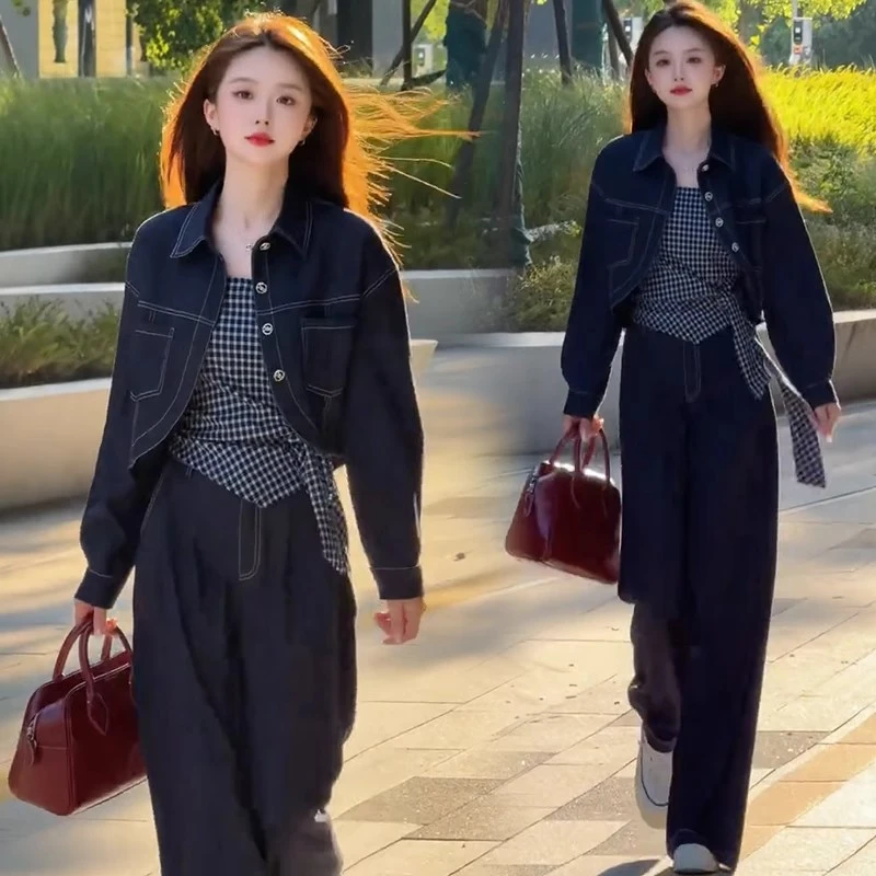 时尚套装女2025秋季新款洋气显瘦长袖外披条纹背心阔腿裤三件套潮