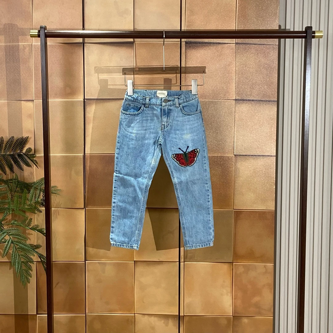 Gucci 水洗蓝蝴蝶刺绣图案牛仔裤/6码/98新/28720（有污渍）