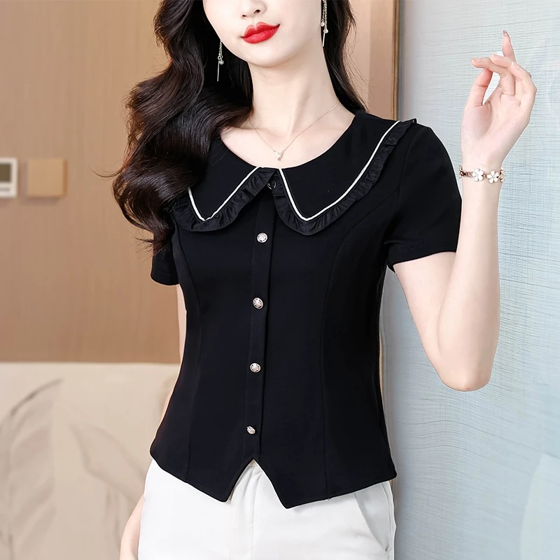 时尚娃娃领减龄短袖T恤女夏装新款气质短款小衫别致洋气显瘦上衣