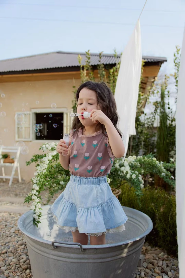 韩国星宝家25夏款中小童女童花边甜美花边背心上衣