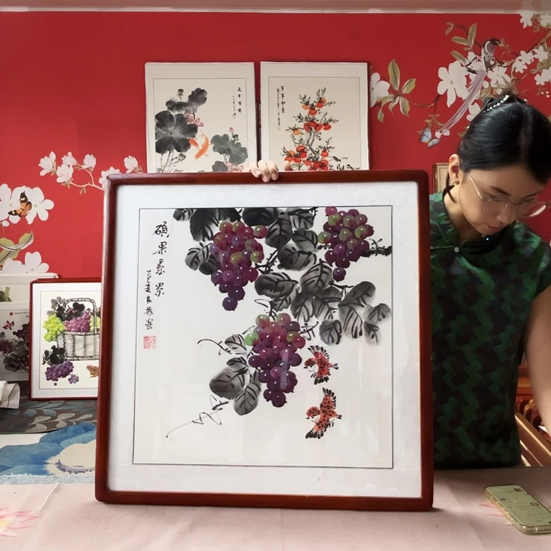 国画手写手绘国画作品带框包邮62✖️62