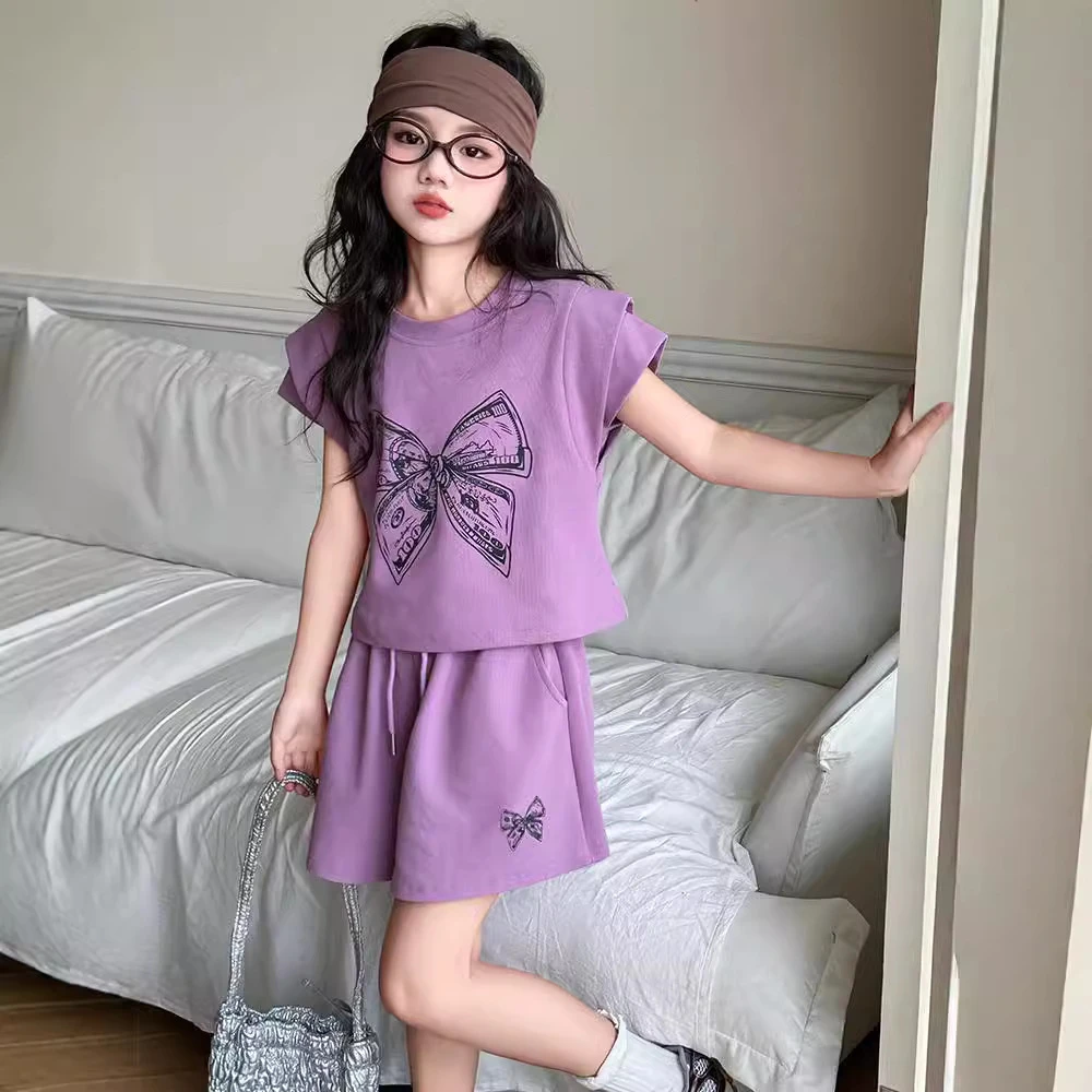 女童时髦洋气蝴蝶结短袖短裤套装2025年夏季中大童新款潮酷两件套