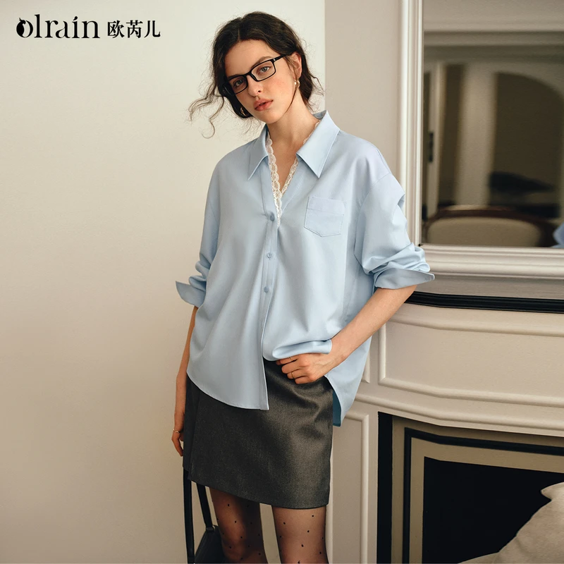 OLrain欧芮儿2025新款女秋季法式蓝色拼接蕾丝花边衬衫长袖衬衣