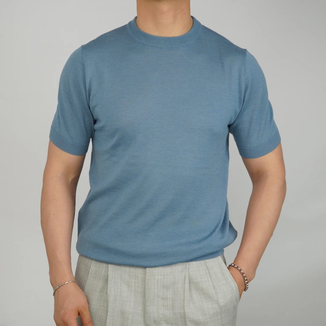 Biella Yarn超细美利奴黄金羊毛男士针织短袖圆领T恤经典老钱风