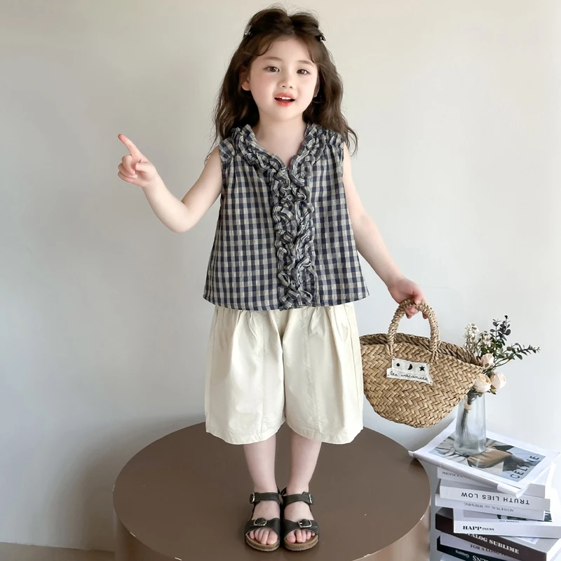 女童格子背心套装2025新款儿童夏装韩版洋气女宝宝夏季时髦两件套