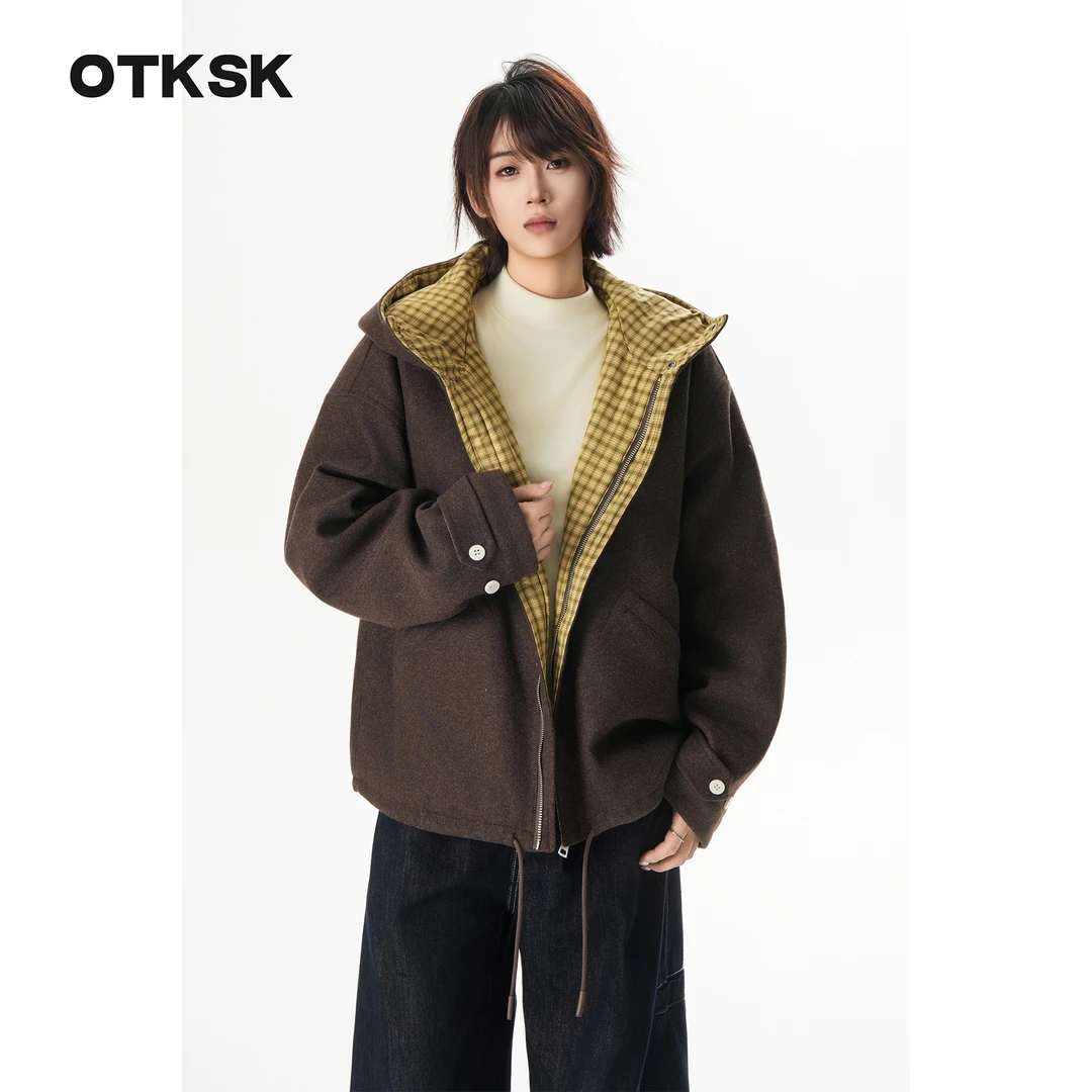 otksk韩系格纹拼接连帽棉服2025新款秋冬加厚保暖棉衣外套6425