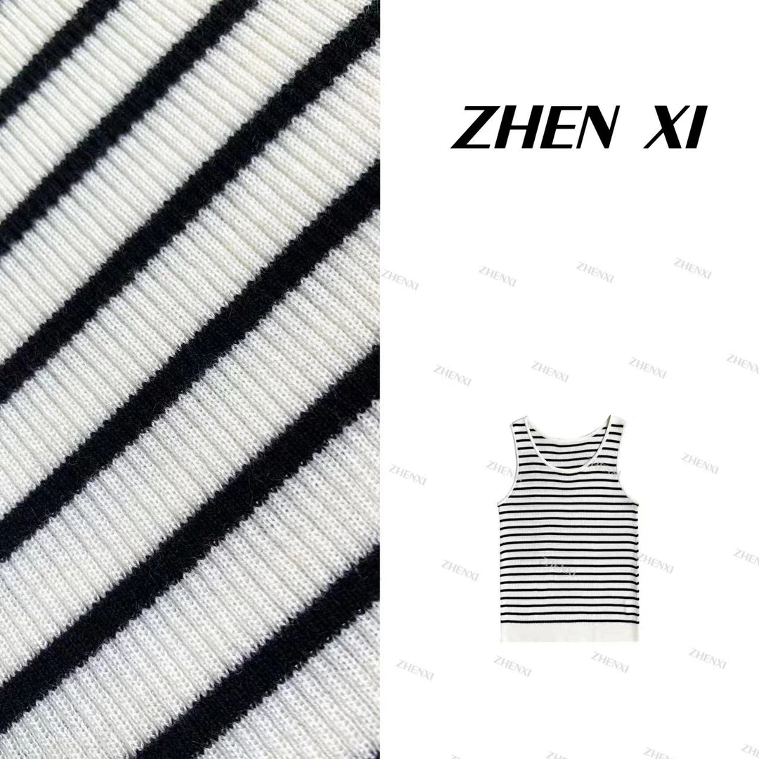 针西【条纹背心】高个子穿搭休闲时尚百搭黑白无袖T（×退×换）S70083