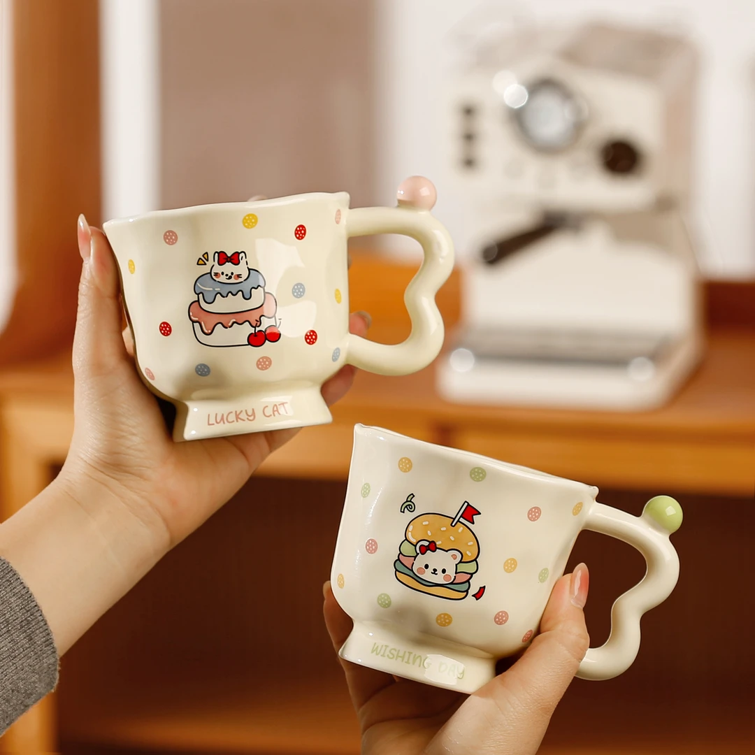 高颜值可爱波点萌宠高脚杯女生陶瓷马克杯情侣咖啡牛奶杯生日礼物