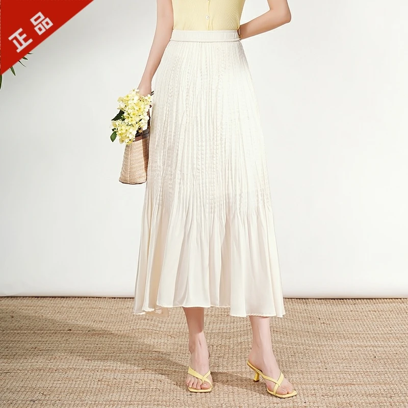 正品2025时尚夏季纯色百褶裙女减龄气质大摆半身裙显瘦宽松中长裙