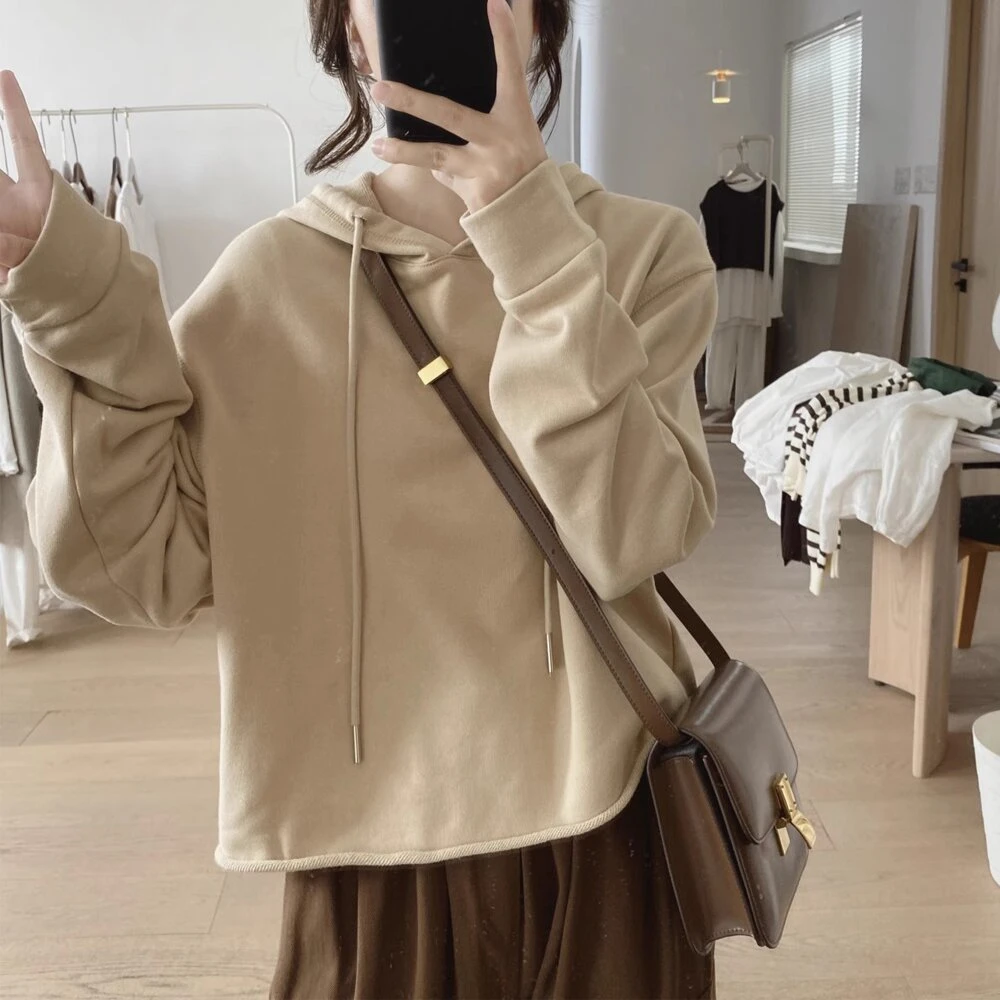 春季女士新款时尚洋气纯棉拼接系带宽松连帽小个子短款百搭卫衣潮