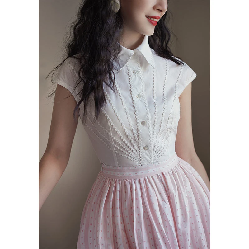 Chings 法式复古小尖领包肩小飞袖上衣 收腰蕾丝花边显瘦白棉衬衫