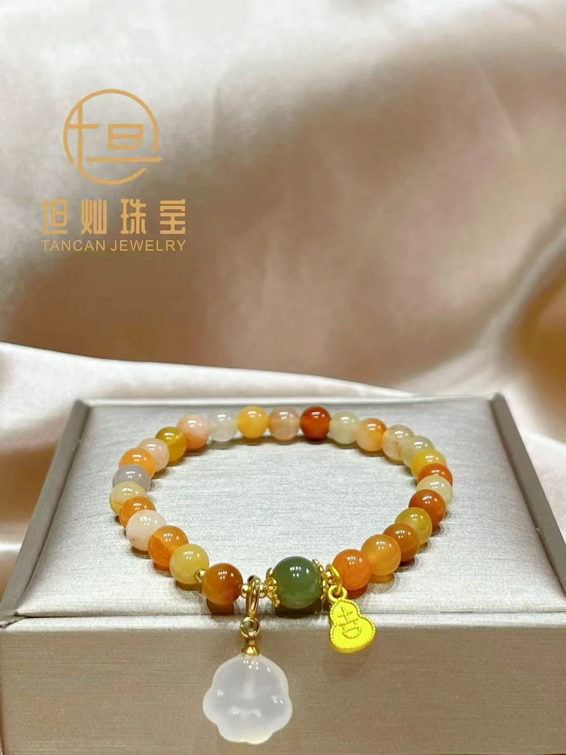 天然单圈金丝玉搭玉髓猫爪加福牌款手串1135