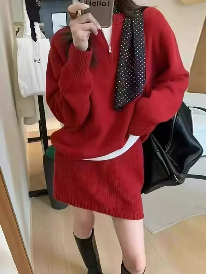 新年款半拉链羊毛针织洋气套装