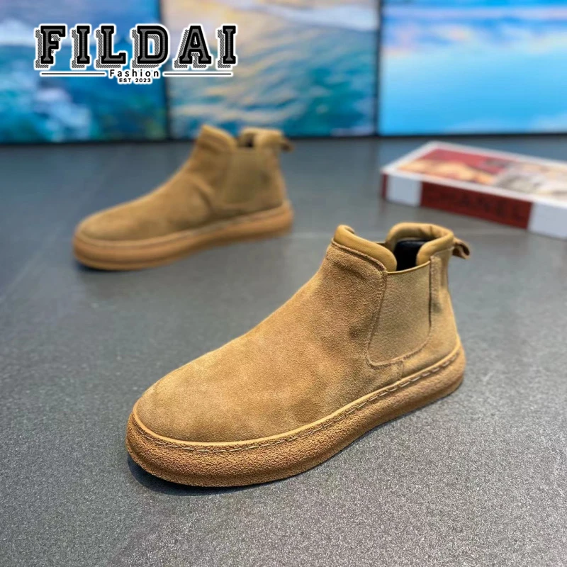 FILDAI马丁靴男款秋冬季加绒高帮英伦风工装皮鞋男士翻毛皮短靴子