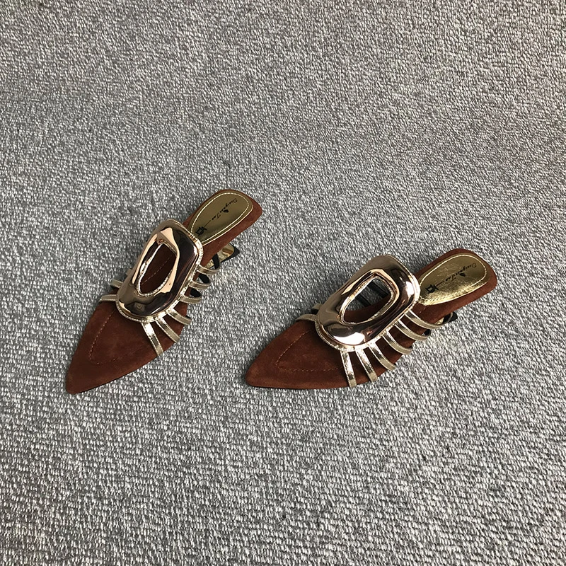 露涵思 性感尖头细带组合金属扣露趾坡跟凉拖鞋女时髦绝美高跟鞋