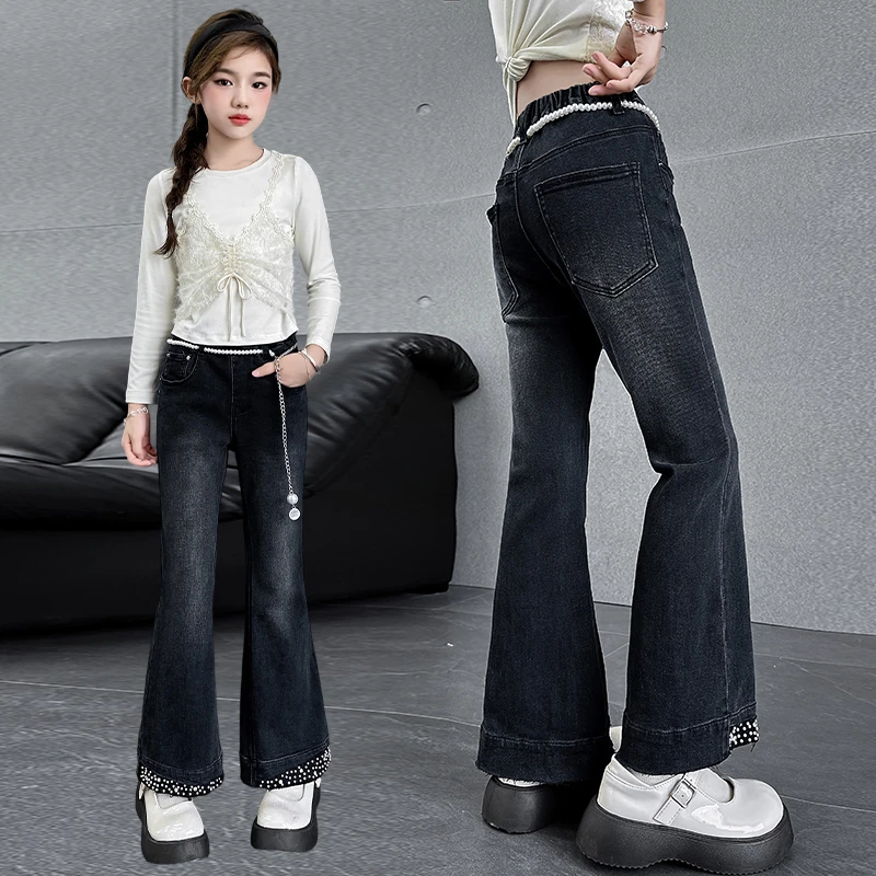 女童喇叭裤春秋款牛仔裤儿童秋装阔腿裤女孩秋季修身微喇黑色裤子