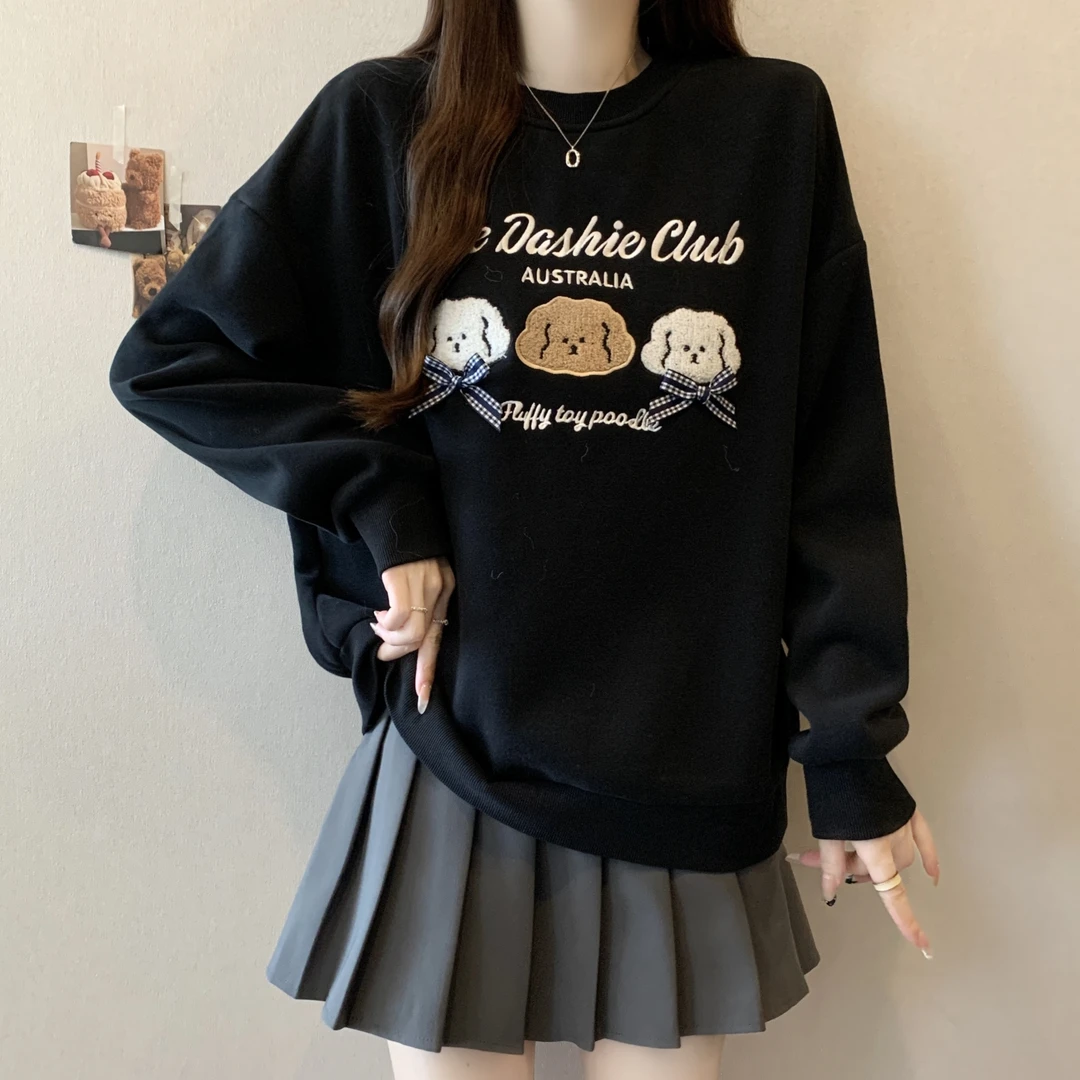 大码遮肚子小狗字母刺绣卫衣女秋冬新款胖MM宽松显瘦百搭洋气上衣