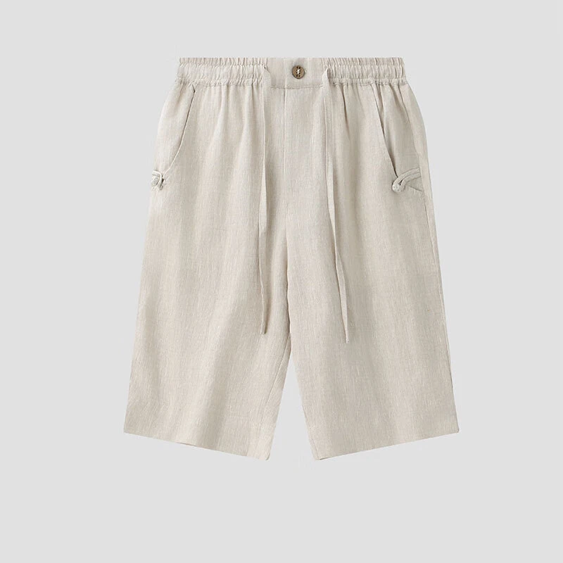 中国风五分裤男夏季宽松薄款100%亚麻松紧系带短裤男休闲运
