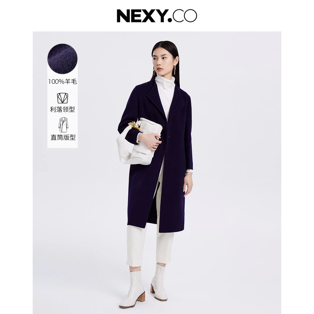 【晨粉专享价】藏青羊毛大衣女冬气质名媛职场通勤毛呢外套