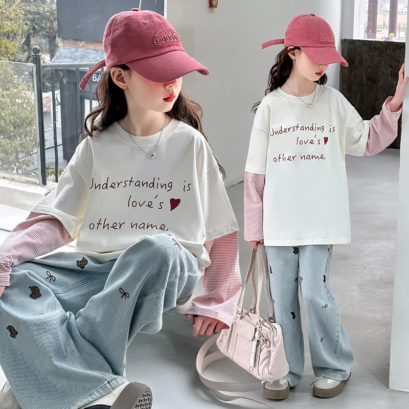 2025新款女童长袖T恤中大童休闲假两件长袖儿童春秋打底女孩上衣