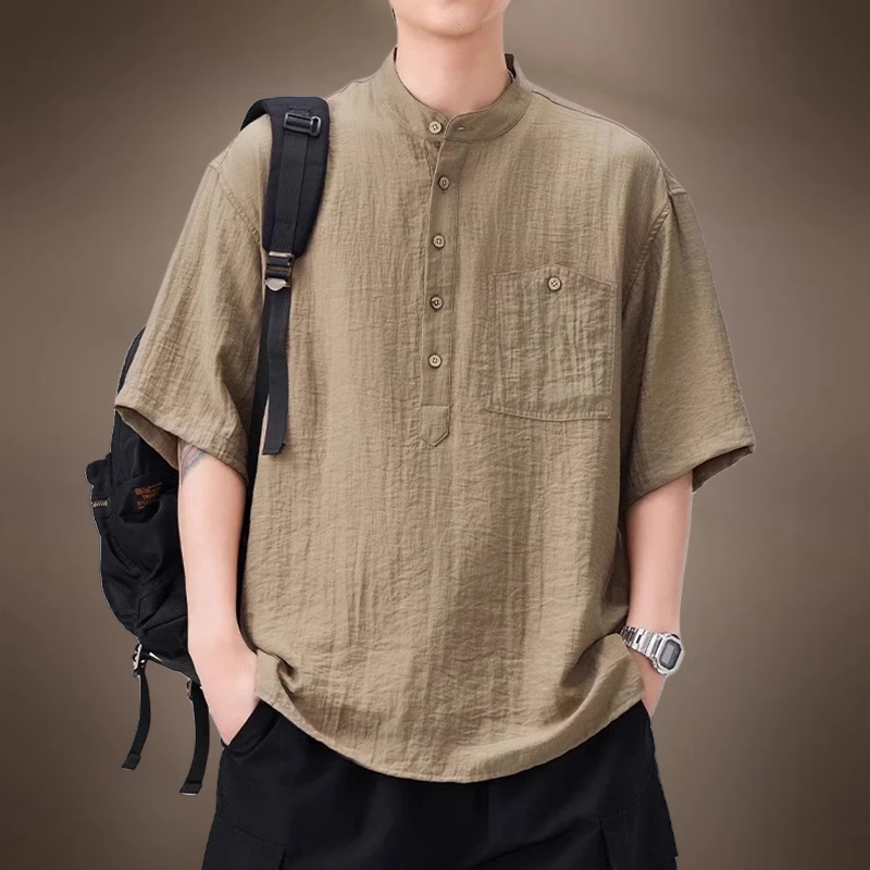 【亚麻凉感】国潮短袖衬衫男夏季薄款宽松休闲复古五分袖立领衬衣潮