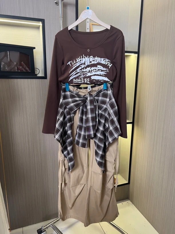 【布拉格】慕月 长袖印花T恤搭配工装阔腿裤秋季个性女装三件套509