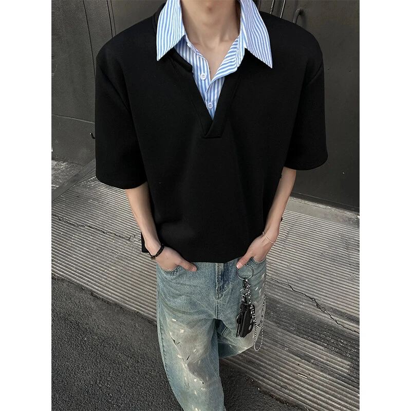 cleanfit假两件短袖男夏季内搭美式复古重磅正肩t恤衬衫领polo衫