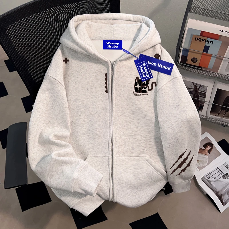 WASSUP HSUBE小众设计感开衫连帽卫衣男女情侣百搭ins慵懒风外套