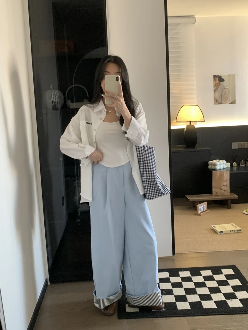 【Halo】韩系两穿拼接条纹翻卷边阔腿裤女通勤宽松休闲裤