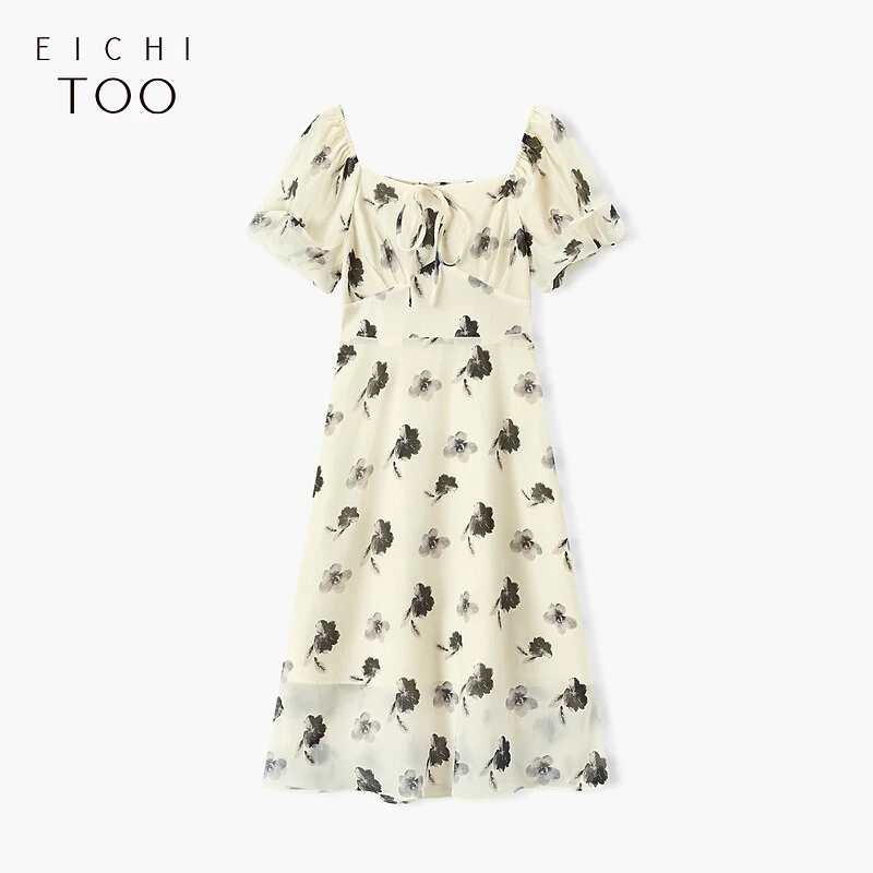 A爱居兔黑白晕染印花时尚短袖连衣裙EQLBJ2N163A