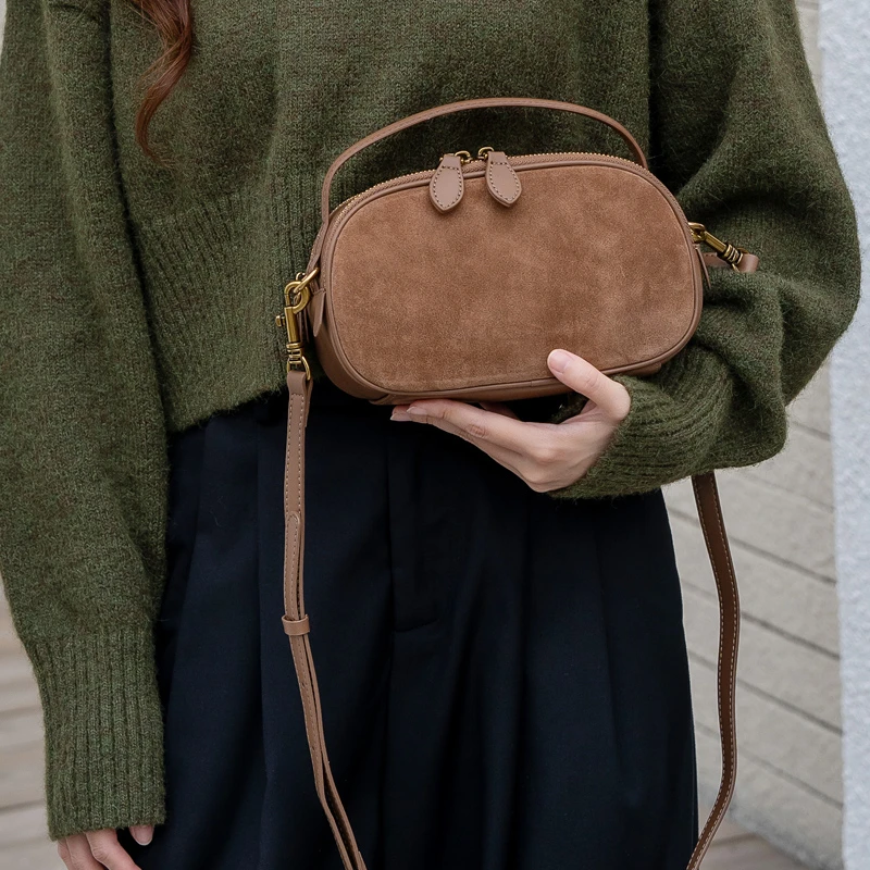 磨砂牛皮双拉链单肩手机零钱包女2025秋冬新款真皮斜挎手提小包包