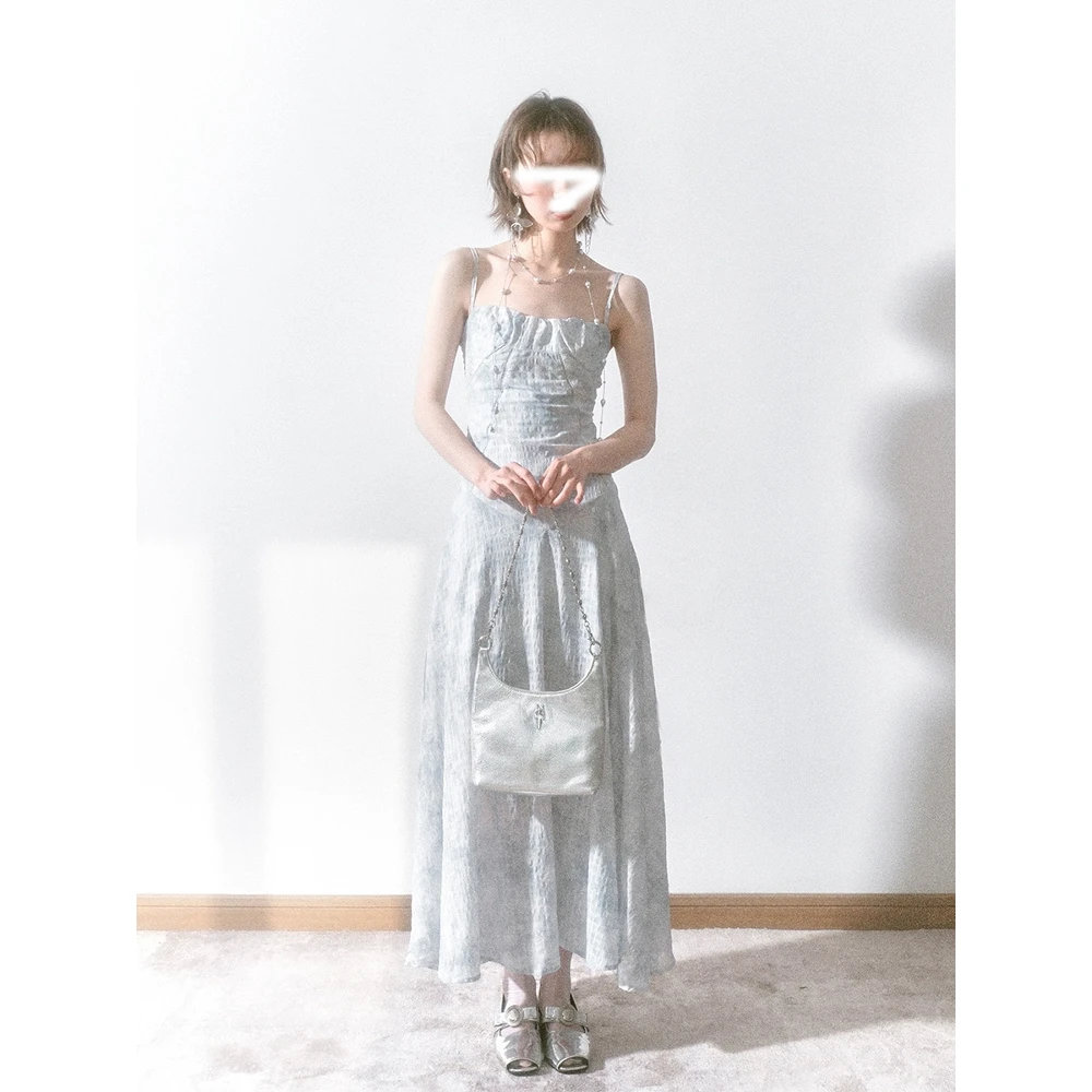 塞纳河畔 收腰连衣裙女夏显瘦复古印花吊带法式提花绑带中长长裙