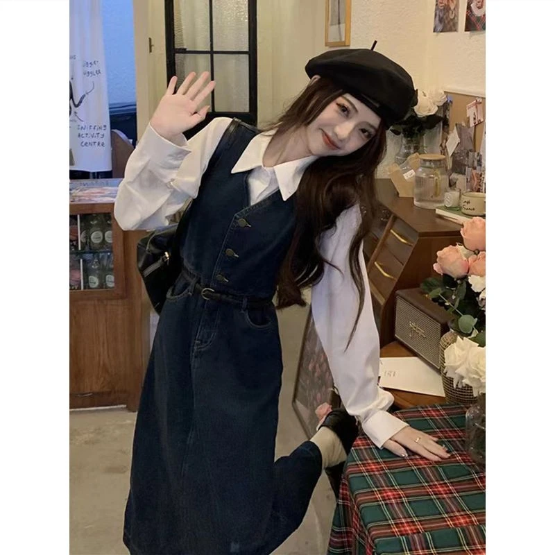 2025春秋新款温柔风牛仔高腰连衣裙女显瘦气质时尚桔梗长裙两件套