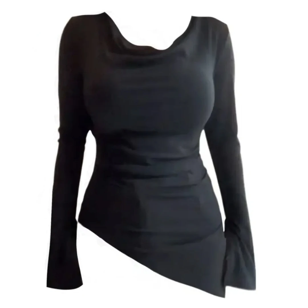 微胖修身显瘦性感荡领正肩斜肩长袖T恤女纯欲不规则百搭上衣开叉