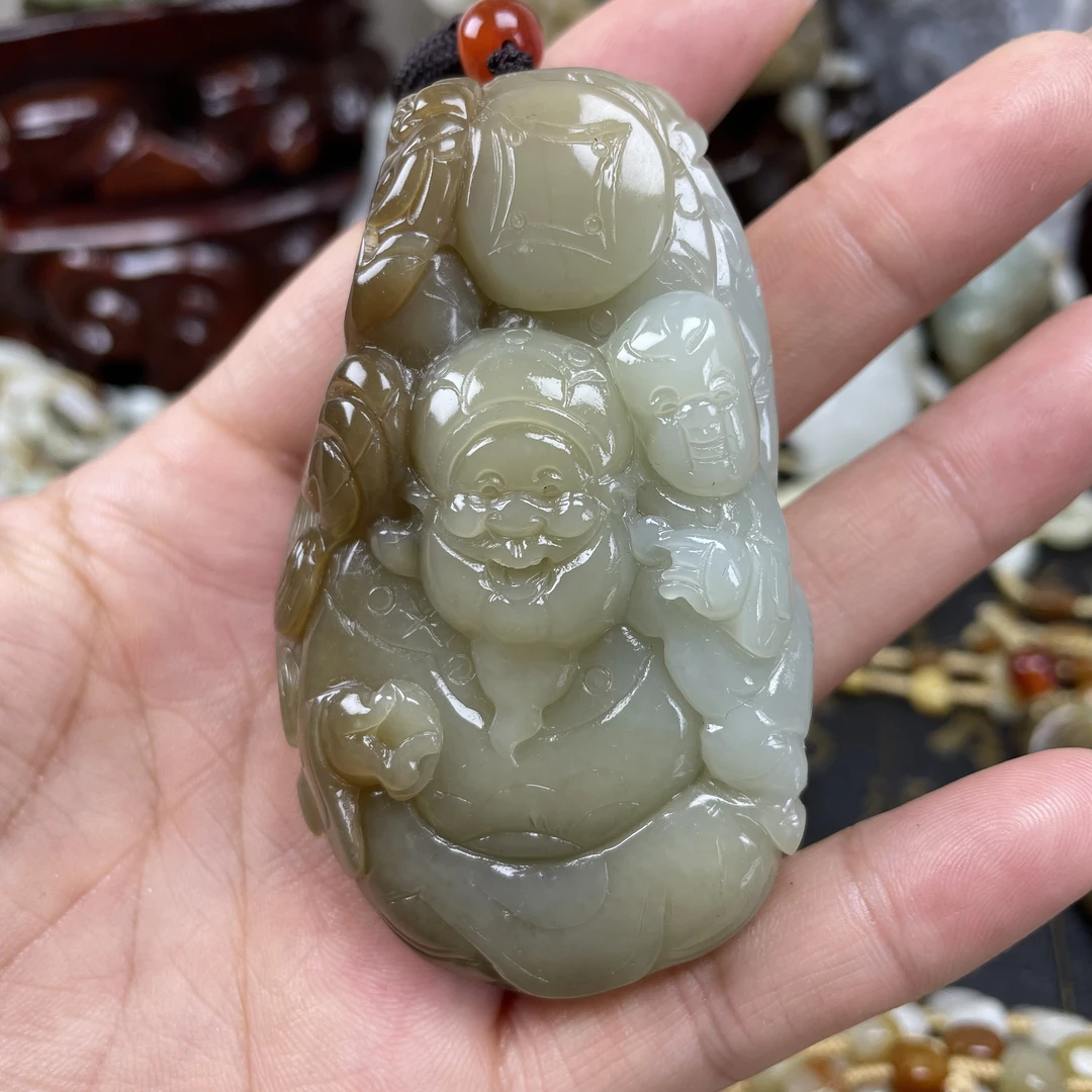 和田玉，手把财神，财福双收带守财貔貅