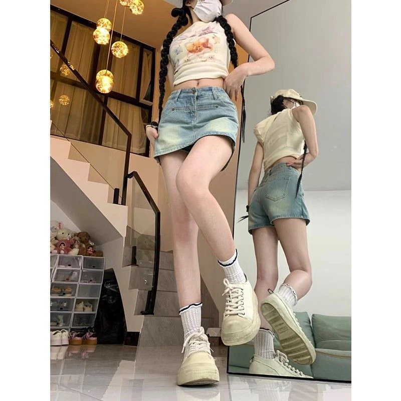 小个子复古牛仔半身裙女新款百搭高腰显瘦防走光a字包臀短裙裤潮