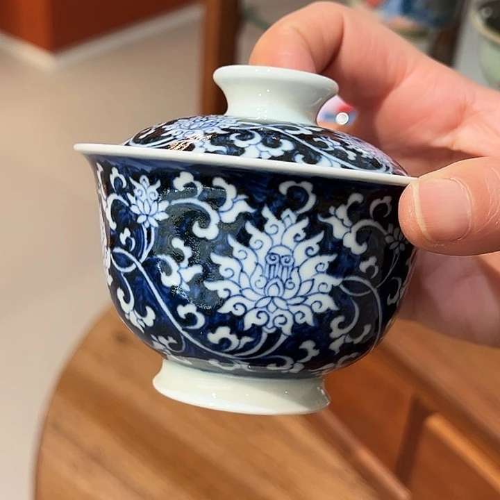 景土造物缠枝莲内外满工盖碗