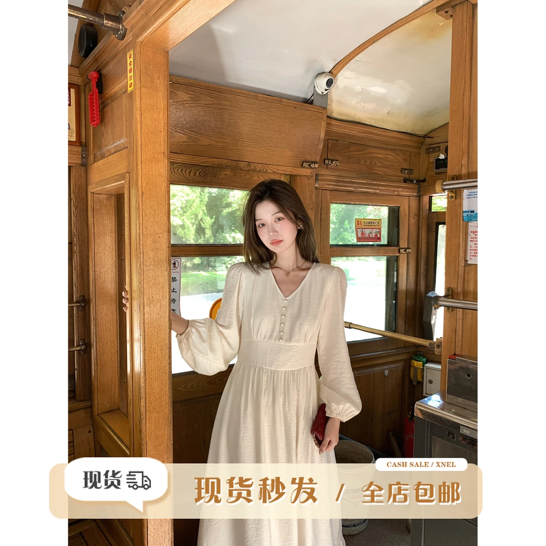 陳文文xenl【云雾山茶】新款韩系温柔风百搭v领收腰显瘦连衣裙0007