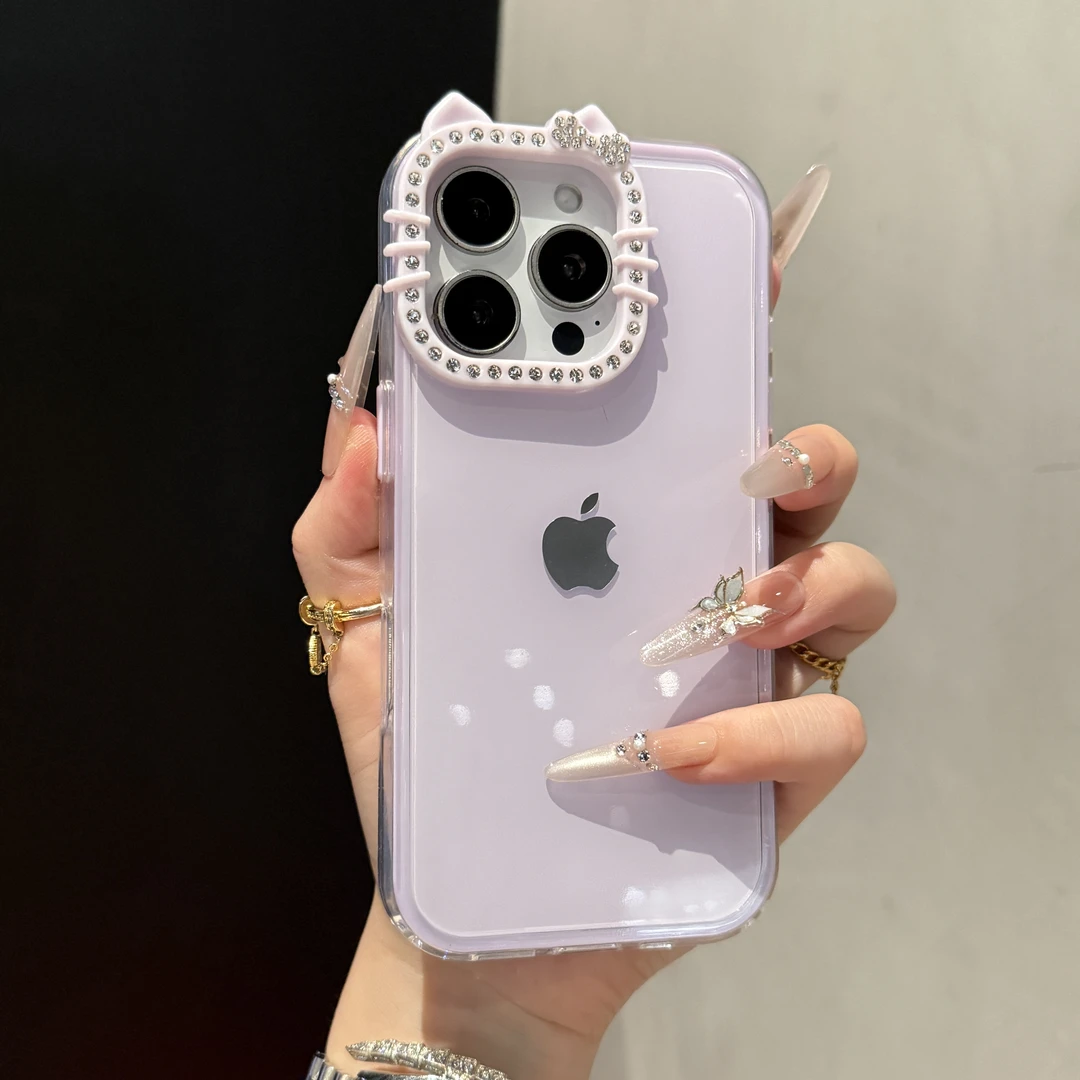 高颜值kitty闪钻纯色果冻镜头适用于iPhone16promax手机壳15/14新