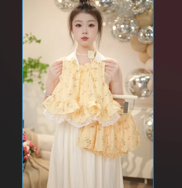 2025新款女童碎花无袖甜美套装韩版小清新气质套装女宝