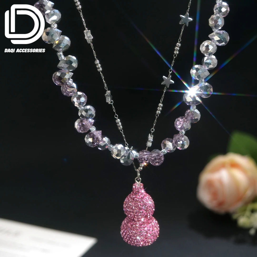 铜合金仿水晶项链 05527轻奢气质双层闪闪粉葫芦双层项链