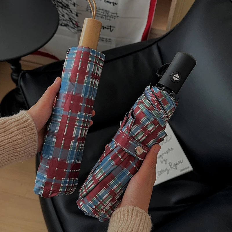 美式格纹雨伞晴雨两用自动折叠太阳伞女防晒防紫外线手动遮阳伞