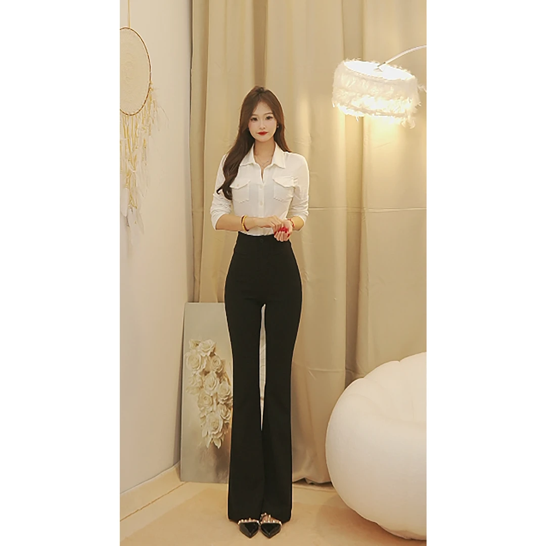 【七七专属】超模比例7.0秋季简约微喇高腰显瘦修身垂感休闲裤k888