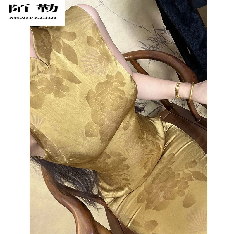 国风新中式金色缎面提花改良旗袍风情万种性感气质连衣裙子女夏季